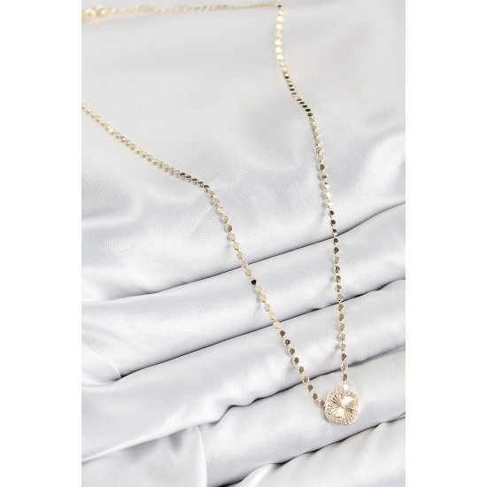 Pirinç Zirkon Taşlı Yonca Model Ezme Zincir Gold Renk Kadın Kolye - TJ-BKO10392