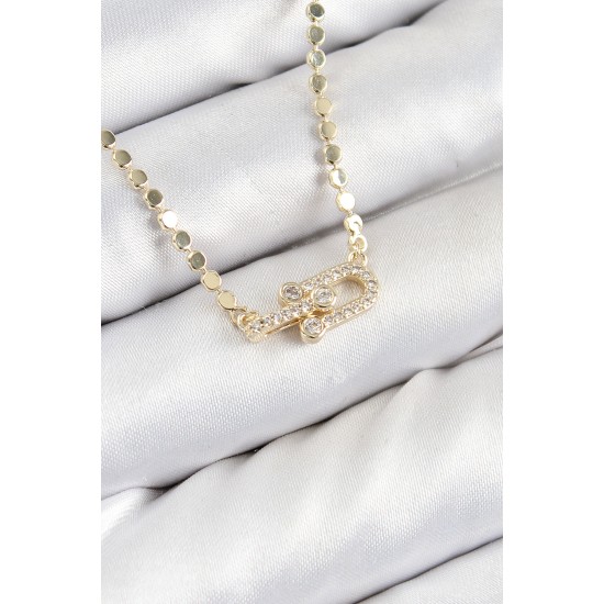 Pirinç Zirkon Taşlı Tifany Model Ezme Zincir Gold Renk Kadın Kolye - TJ-BKO10393