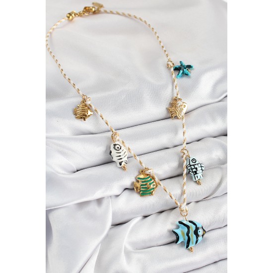 Seramik Motifli Balık Figürlü Model Krem İp Kadın Kolye - TJ-BKO10394