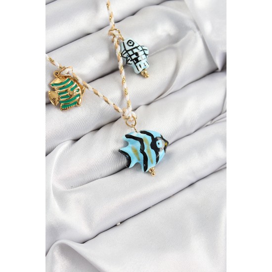 Seramik Motifli Balık Figürlü Model Krem İp Kadın Kolye - TJ-BKO10394