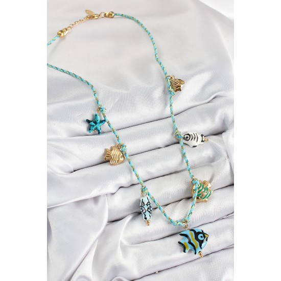 Seramik Motifli Balık Figürlü Model Mavi İp Kadın Kolye - TJ-BKO10395