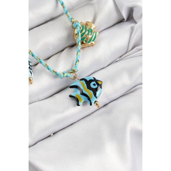 Seramik Motifli Balık Figürlü Model Mavi İp Kadın Kolye - TJ-BKO10395
