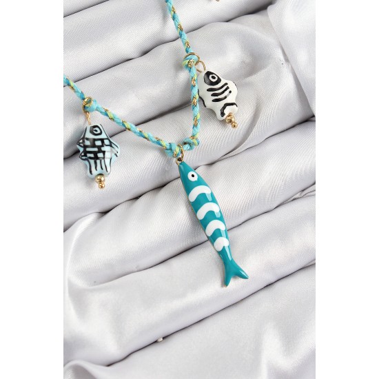 Seramik Motifli Balık Figürlü Model Mavi İp Kadın Kolye - TJ-BKO10396