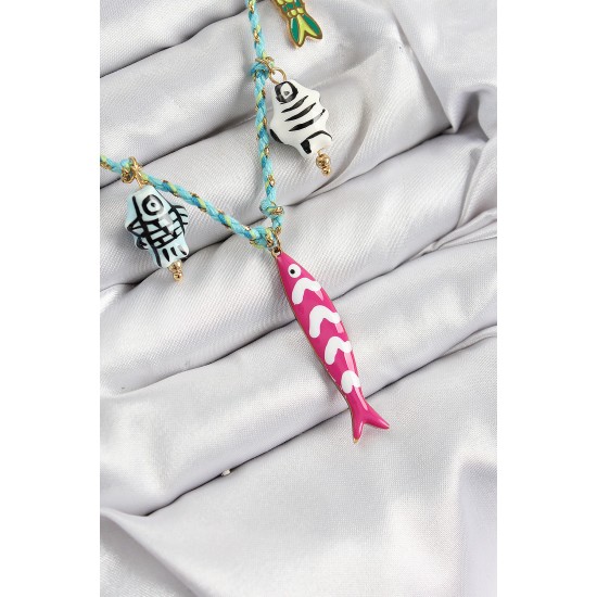 Seramik Motifli Pembe Balık Figürlü Model Mavi İp Kadın Kolye - TJ-BKO10397