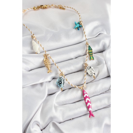 Seramik Motifli Pembe Balık Figürlü Model Krem İp Kadın Kolye - TJ-BKO10398