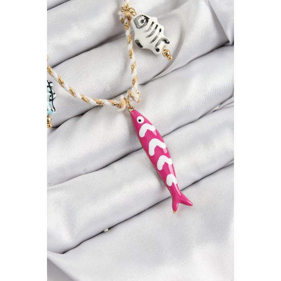 Seramik Motifli Pembe Balık Figürlü Model Krem İp Kadın Kolye - TJ-BKO10398