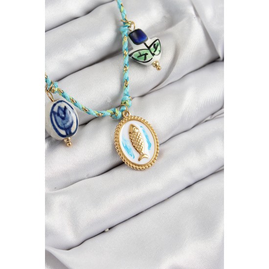 Seramik Motifli Balık Figürlü Model Mavi İp Kadın Kolye - TJ-BKO10399