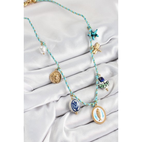 Seramik Motifli Balık Figürlü Model Mavi İp Kadın Kolye - TJ-BKO10399
