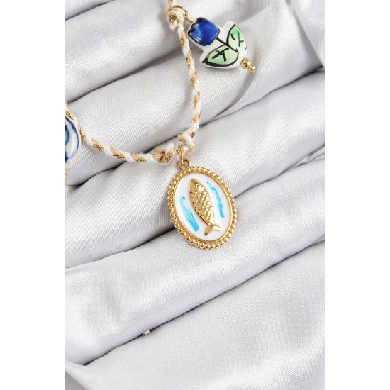 Seramik Motifli Balık Figürlü Model Krem İp Kadın Kolye - TJ-BKO10400