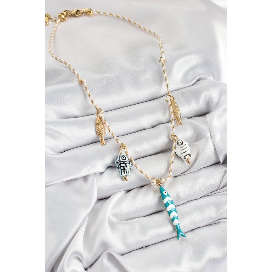 Seramik Motifli Balık Figürlü Model Krem İp Kadın Kolye - TJ-BKO10401