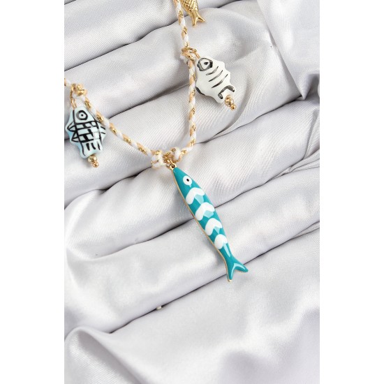 Seramik Motifli Balık Figürlü Model Krem İp Kadın Kolye - TJ-BKO10401