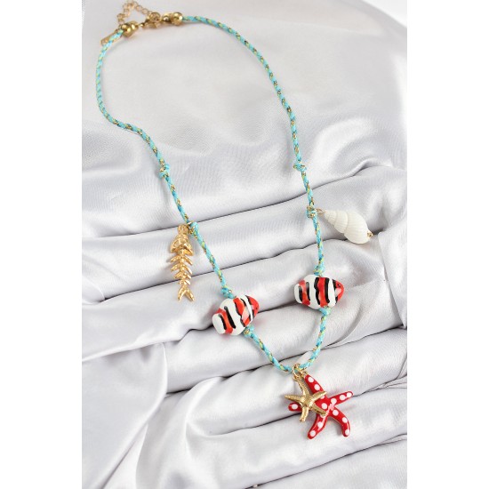 Seramik Motifli Deniz Yıldzı Figürlü Model Mavi İp Kadın Kolye - TJ-BKO10402