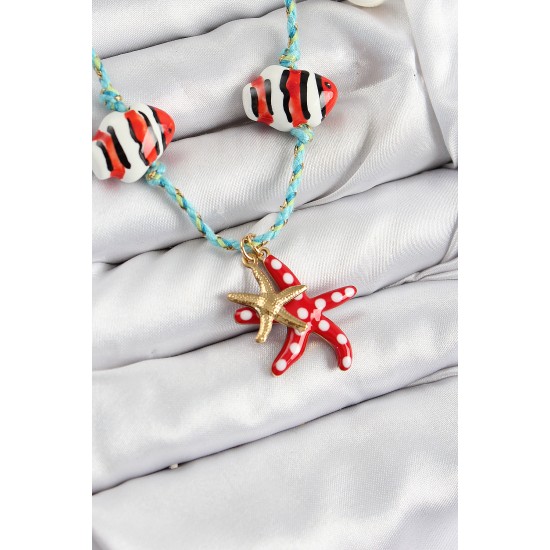 Seramik Motifli Deniz Yıldzı Figürlü Model Mavi İp Kadın Kolye - TJ-BKO10402