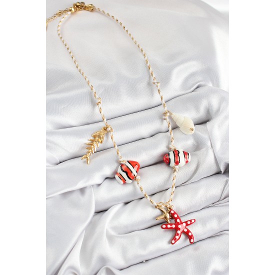 Seramik Motifli Deniz Yıldzı Figürlü Model Krem İp Kadın Kolye - TJ-BKO10403