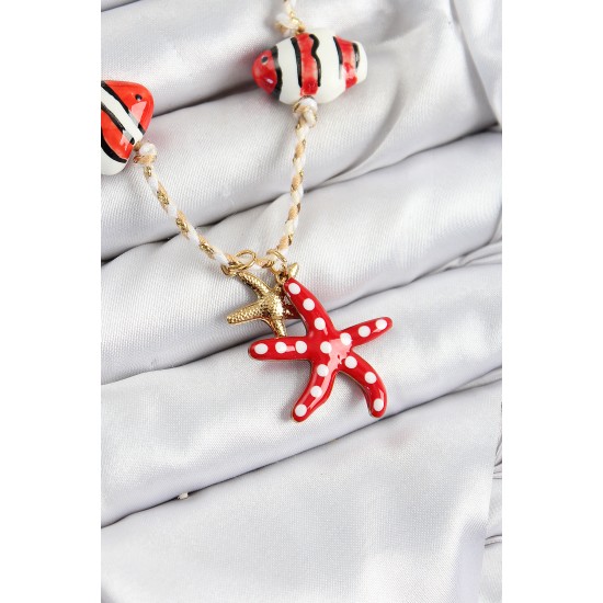 Seramik Motifli Deniz Yıldzı Figürlü Model Krem İp Kadın Kolye - TJ-BKO10403