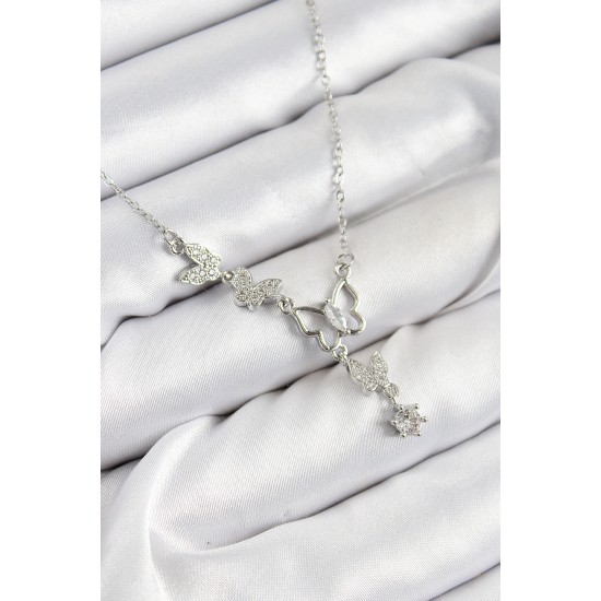 316L Çelik Zirkon Taşlı Kelebek Model Gümüş Renk Kadın Kolye - TJ-BKO10404