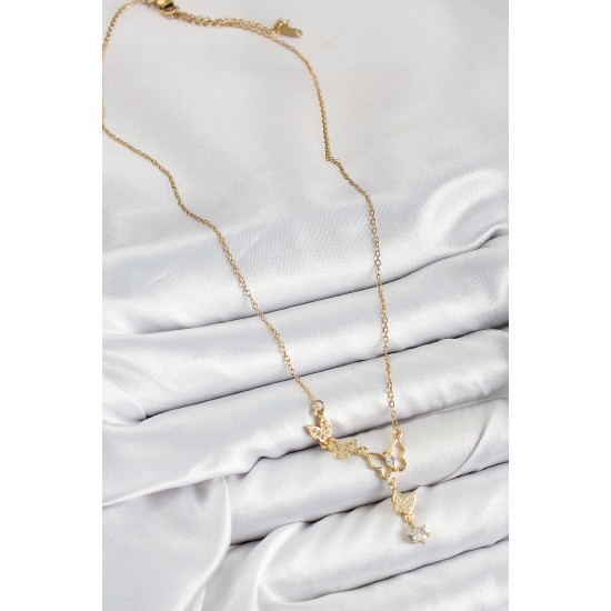 316L Çelik Zirkon Taşlı Kelebek Model Gold Renk Kadın Kolye - TJ-BKO10405