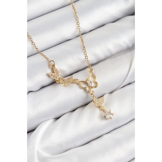 316L Çelik Zirkon Taşlı Kelebek Model Gold Renk Kadın Kolye - TJ-BKO10405
