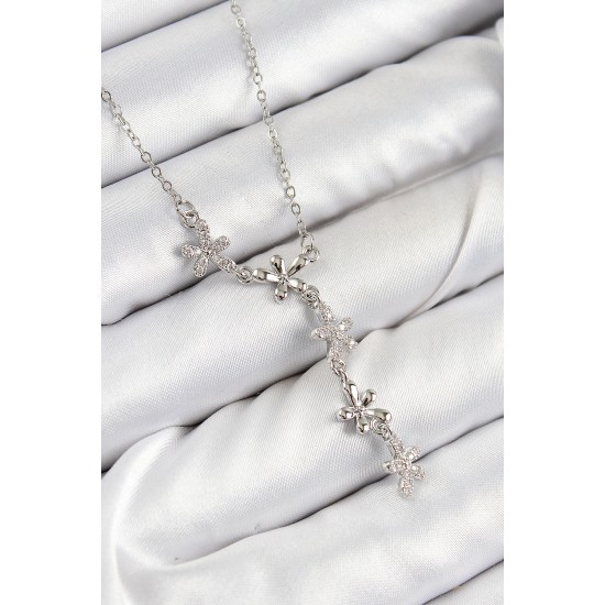 316L Çelik Zirkon Taşlı Çiçek Model Gümüş Renk Kadın Kolye - TJ-BKO10406