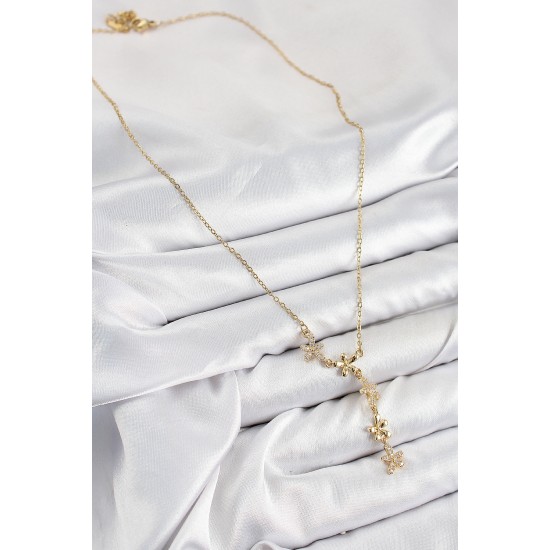 316L Çelik Zirkon Taşlı Çiçek Model Gold Renk Kadın Kolye - TJ-BKO10407