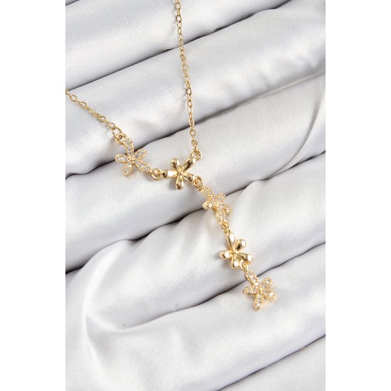 316L Çelik Zirkon Taşlı Çiçek Model Gold Renk Kadın Kolye - TJ-BKO10407