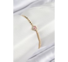 Pirinç Zirkon Taşlı Kalp Model Ezme Zincir Gold Renk Kadın Bileklik - TJ-BB7585