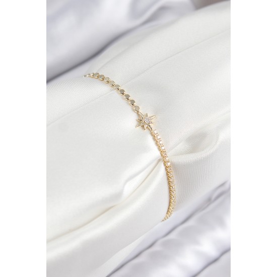 Pirinç Zirkon Taşlı Kutup Yıldızı Model Ezme Zincir Gold Renk Kadın Bileklik - TJ-BB7587