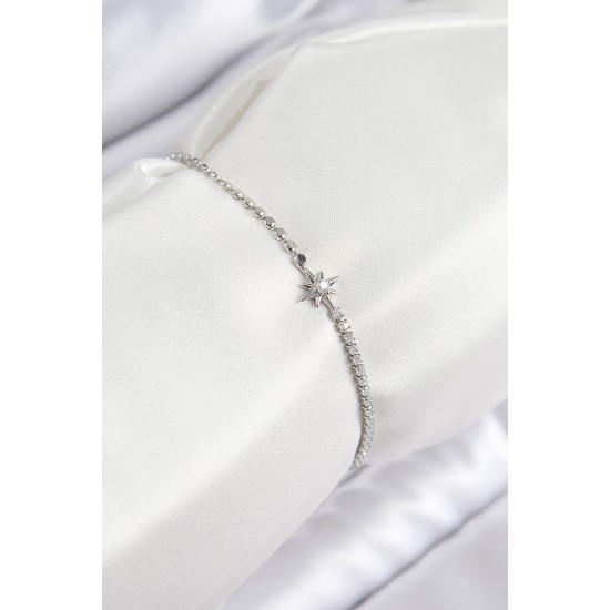 Pirinç Zirkon Taşlı Kutup Yıldızı Model Ezme Zincir Gümüş Renk Kadın Bileklik - TJ-BB7588
