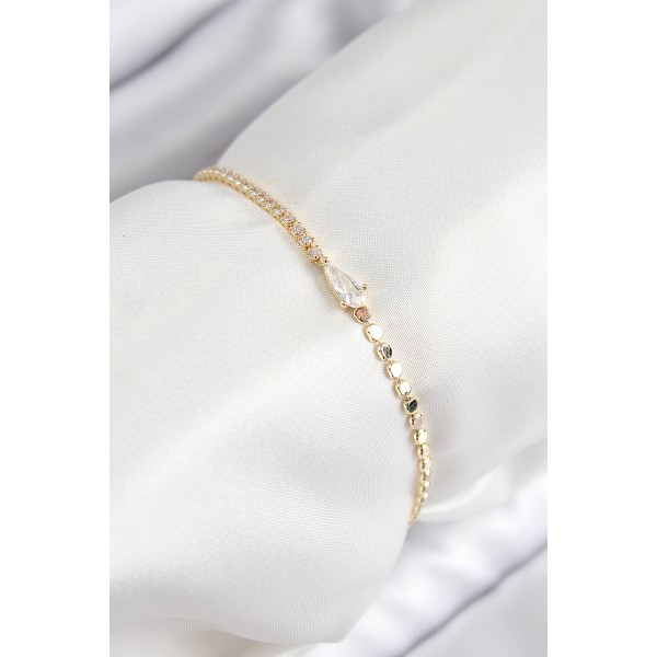 Pirinç Zirkon Taşlı Damla Model Ezme Zincir Gold Renk Kadın Bileklik - TJ-BB7589