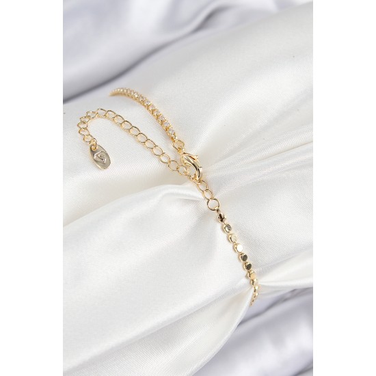 Pirinç Zirkon Taşlı Yonca Model Ezme Zincir Gold Renk Kadın Bileklik - TJ-BB7591