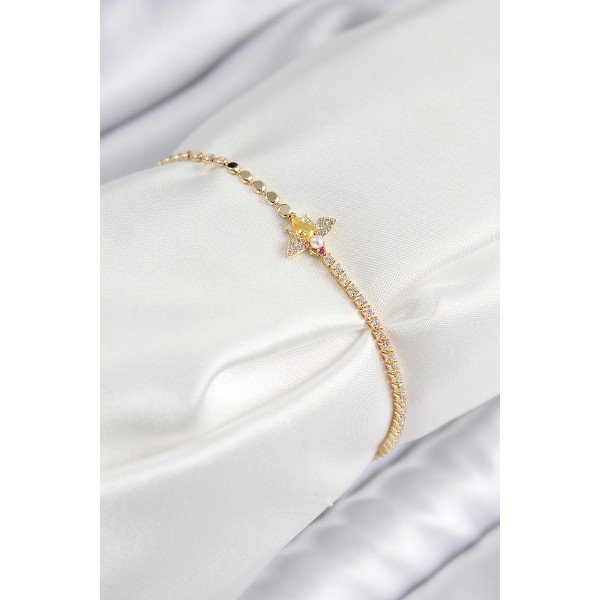 Pirinç Zirkon Taşlı Arı Model Ezme Zincir Gold Renk Kadın Bileklik - TJ-BB7595