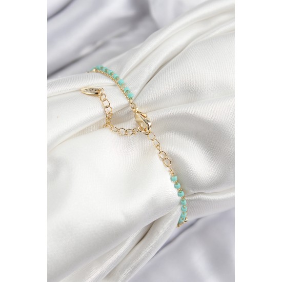 Pirinç Zirkon Taşlı Mavi Boncuklu Model Gold Renk Kadın Bileklik - TJ-BB7599