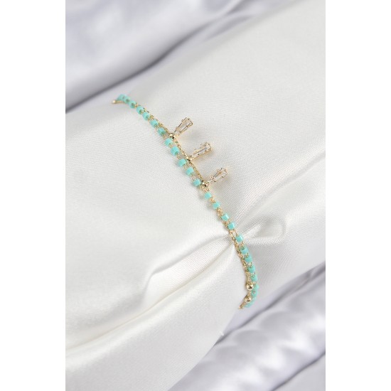 Pirinç Zirkon Taşlı Mavi Boncuklu Model Gold Renk Kadın Bileklik - TJ-BB7599