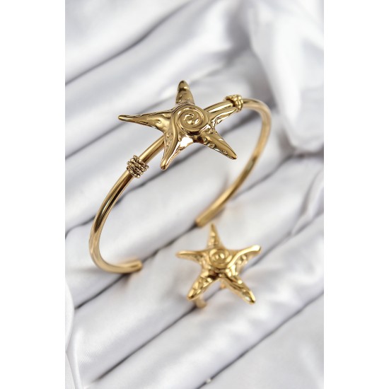 Pirinç Deniz Yıldızı Model Gold Renk Bileklik Yüzük Set - TJ-BB7600