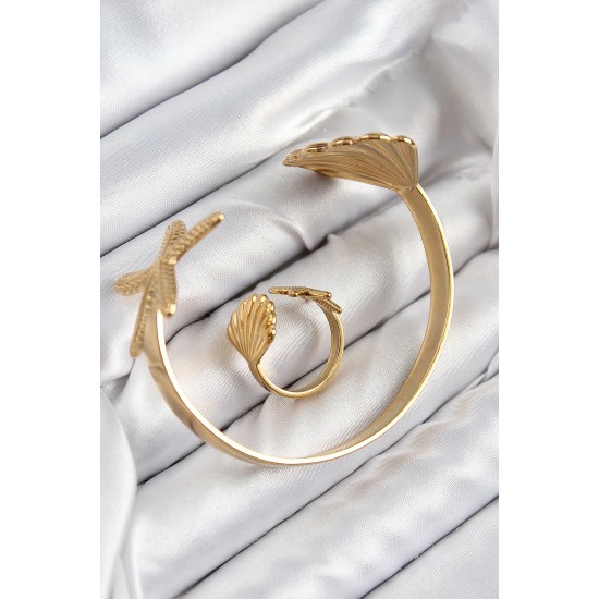 Pirinç İstiridye Ve Deniz Yıldızı Model Gold Renk Bileklik Yüzük Set - TJ-BB7601