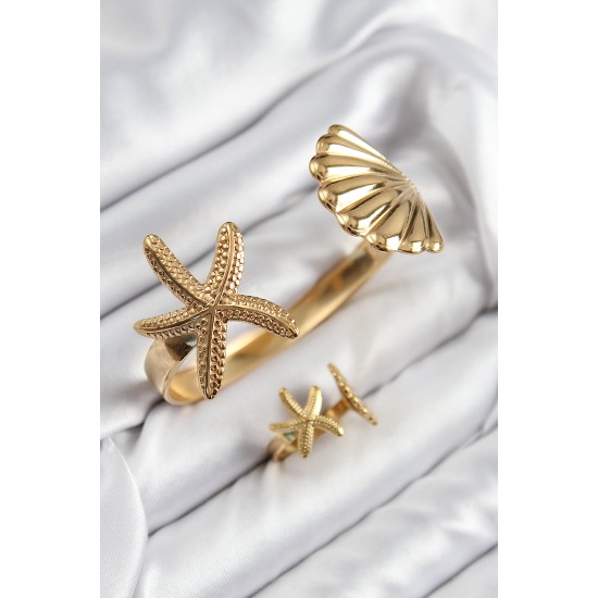 Pirinç İstiridye Ve Deniz Yıldızı Model Gold Renk Bileklik Yüzük Set - TJ-BB7601