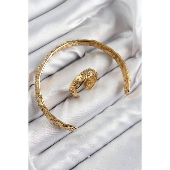 Pirinç Zirkon Taşlı Vintage Model Gold Renk Bileklik Yüzük Set - TJ-BB7603