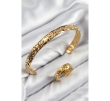 Pirinç Zirkon Taşlı Vintage Model Gold Renk Bileklik Yüzük Set - TJ-BB7603