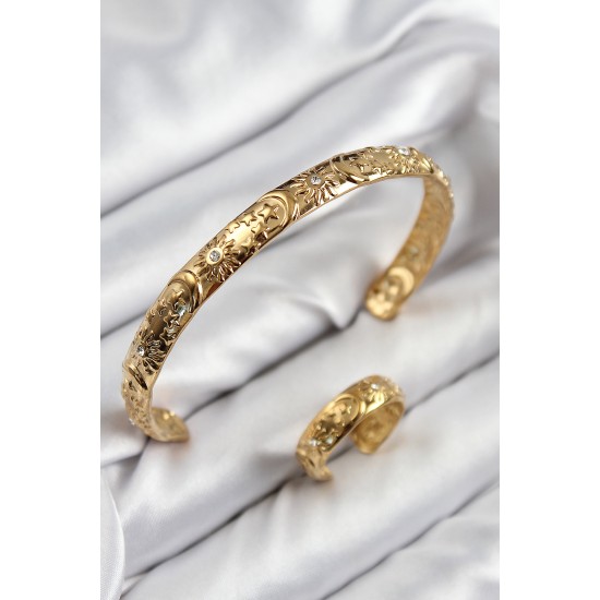 Pirinç Zirkon Taşlı Vintage Model Gold Renk Bileklik Yüzük Set - TJ-BB7603