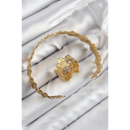 Pirinç Çiçek Model Gold Renk Bileklik Yüzük Set - TJ-BB7604