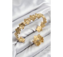 Pirinç Çiçek Model Gold Renk Bileklik Yüzük Set - TJ-BB7604