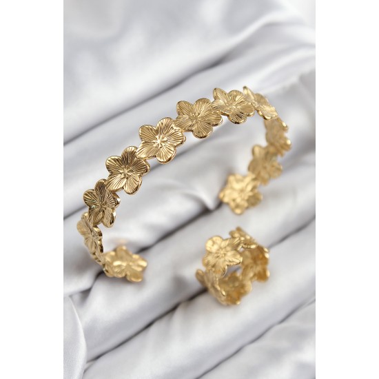 Pirinç Çiçek Model Gold Renk Bileklik Yüzük Set - TJ-BB7604