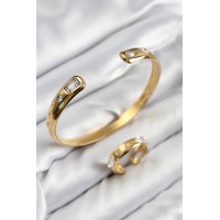 Pirinç Zirkon Taşlı Ayrık Model Gold Renk Bileklik Yüzük Set TJ-BB7605