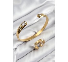Pirinç Zirkon Taşlı Ayrık Model Gold Renk Bileklik Yüzük Set TJ-BB7605