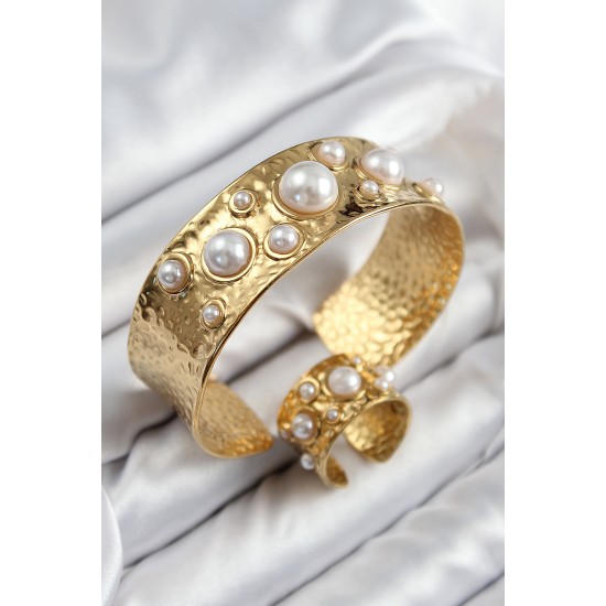 Pirinç İncili Model Gold Renk Bileklik Yüzük Set - TJ-BB7606
