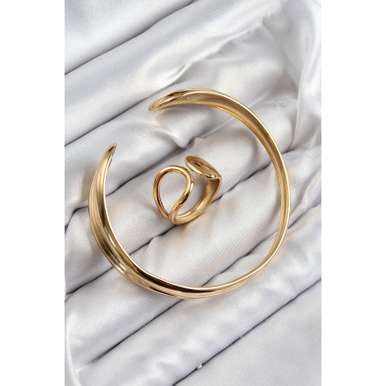 Pirinç Ayrık Model Gold Renk Bileklik Yüzük Set - TJ-BB7607