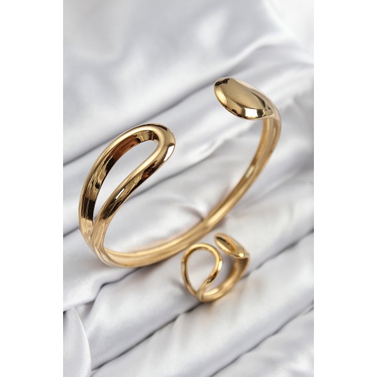 Pirinç Ayrık Model Gold Renk Bileklik Yüzük Set - TJ-BB7607
