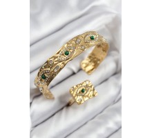 Pirinç Zirkon Taşlı Göz Model Gold Renk Bileklik Yüzük Set - TJ-BB7608