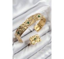 Pirinç Zirkon Taşlı Göz Model Gold Renk Bileklik Yüzük Set - TJ-BB7608