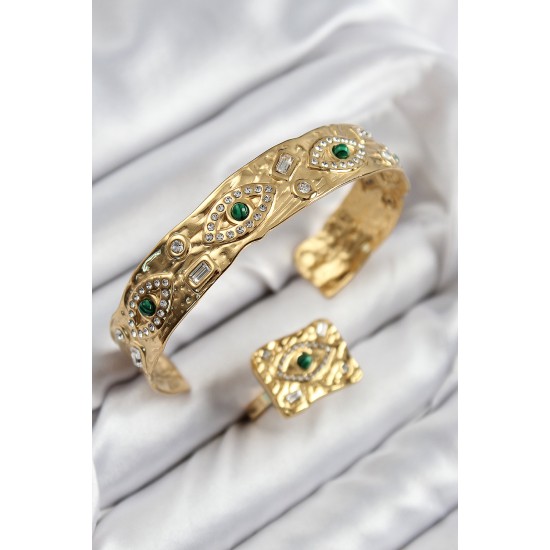 Pirinç Zirkon Taşlı Göz Model Gold Renk Bileklik Yüzük Set - TJ-BB7608